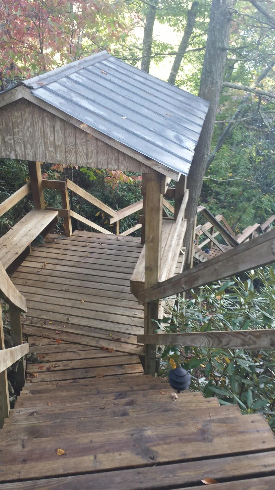 Metal roofed shelter over wooden steps on a wooded walkway — Skylight Repair & Installation work by our crew in Abie